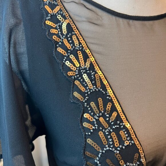 bebe Black with Gold sequins Mesh Chiffon Mini Dress, Size 2 - Picture 3 of 15